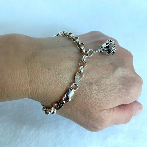 Sterling Silver 925 AGI Italy 6MM Rolo Link Bell Charm Bracelet Size 8" 13.5g - Picture 6 of 17